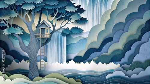 Treehouse beside waterfall in lush forest, layered paper cut nature scene, tranquil landscape illustration, poster, wall art, background design