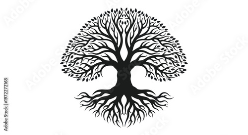 Stylized Tree of Life Silhouette with Intricate Roots and Branches