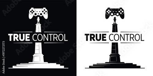 Dynamic black and white logo design featuring a prominent gaming controller monument and 'TRUE CONTROL' text, signifying ultimate player mastery.