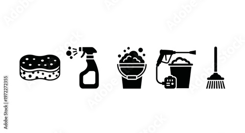 Cleaning Supplies Icons: Sponge, Spray Bottle, Bucket, Pressure Washer, Broom