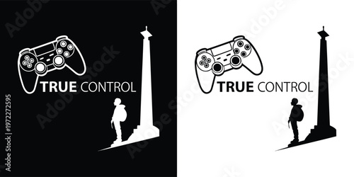 Conceptual logo illustration integrating a modern video game controller and a solitary figure overlooking a grand monument, signifying true control.