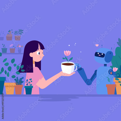 Robot Offering a Warm Coffee in a Cozy Workshop Collaboration