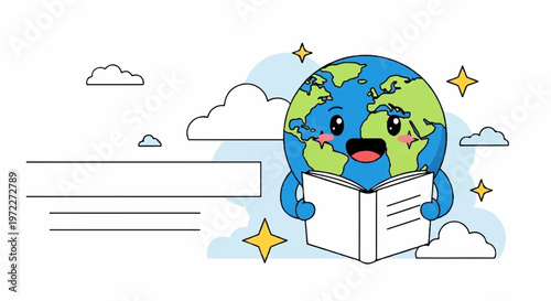 Globe character holding an open book with clouds and stars