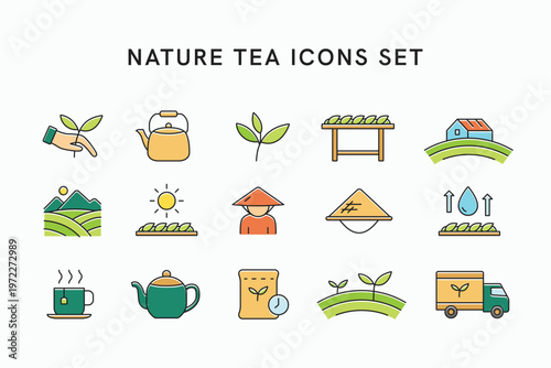 Nature tea icons set simple colorful cartoon style. Tea production process symbol. Collections of tea leaf and pot icons