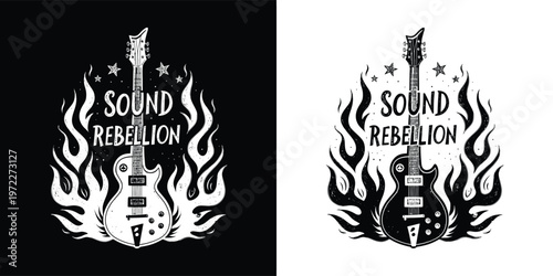 A powerful grunge style illustration features an electric guitar engulfed in fiery flames with 'Sound Rebellion' text, perfect for music-themed designs and rock concert apparel.