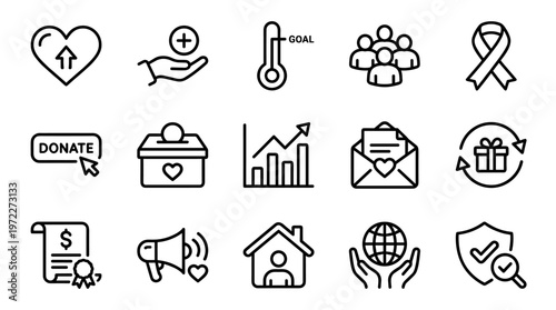 Non-profit icons, charity symbols, social causes, 16 line icons
