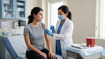A doctor administering a vaccine to a patient in a clinical setting, sterile environment, soft lighting, photorealistic detail, 8K,no logos