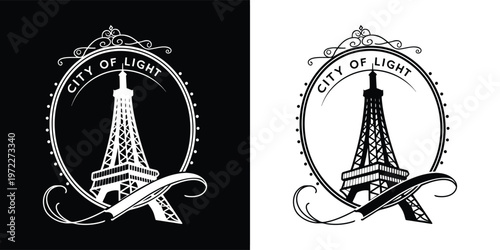 Elegant eiffel tower emblem with 'city of light' text, perfect for travel, parisian culture, or brand identity projects, presented in vector format.