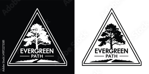 A compelling logo design featuring a strong evergreen tree and a winding path inside a triangular outline, symbolizing growth, nature, and exploration.