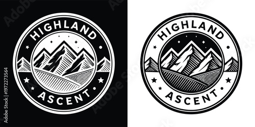 This captivating vintage-style circular emblem features majestic mountains and a starry sky, perfect for outdoor adventure and travel brands.