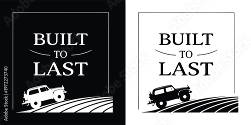 Stylish monochrome vector logo featuring a resilient vintage off-road vehicle climbing a hill, symbolizing enduring strength and reliability.