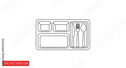 Simple Outline Tray with Cutlery and Compartments for Food, Minimalist Icon