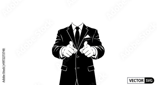 Anonymous businessman in a suit pointing fingers, white background, vector art