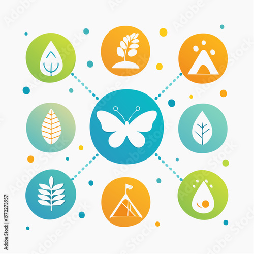 Conceptual network of vibrant nature icons. A central butterfly links leaves, water, and growth, symbolizing ecological balance and sustainable future
