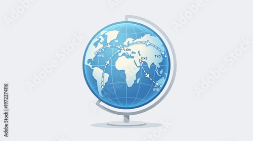 A globe sits on a stand showcasing the world map