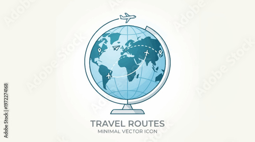 A globe on a stand displays travel routes around the world map