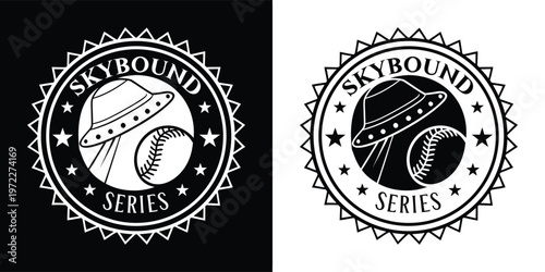 This unique circular logo design features a classic flying saucer hovering above a traditional baseball, making it a perfect emblem for the "Skybound Series."