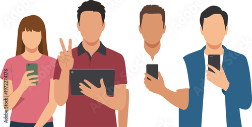 Minimalist illustration of people using smartphone and tablet modern flat communication technology vector design