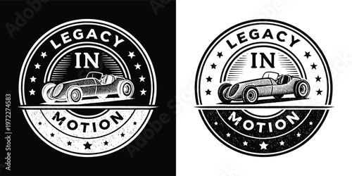 Vintage race car emblem design featuring a classic hot rod illustration inside a circular badge proclaiming legacy in motion
