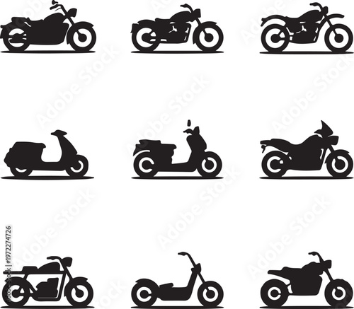 Diverse collection of silhouetted two-wheel vehicles and scooters