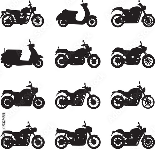 Diverse collection of motorcycles and scooters in silhouette style