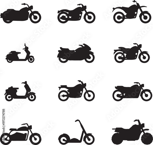 Assorted silhouettes of various two-wheeled and three-wheeled vehicles