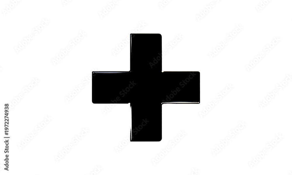 Obraz premium Plus Sign - A bold black plus sign centered on a white background, formed by two perpendicular lines clean, symmetrical