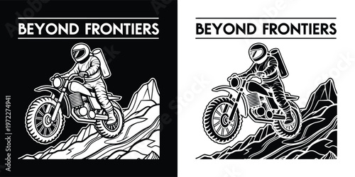 An intrepid astronaut wearing a space suit and helmet expertly rides a powerful off-road motorcycle over rugged mountains, embodying adventurous spirit and pushing beyond frontiers.