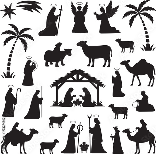Traditional nativity scene with silhouettes of biblical and desert figures