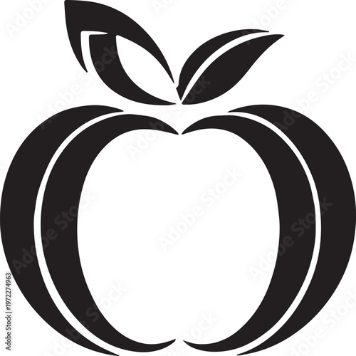 Minimalist black apple icon with leaves. 