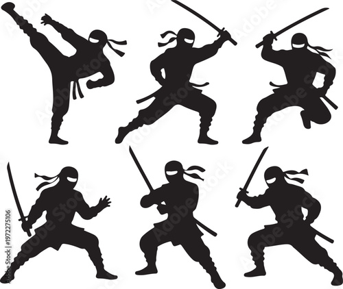 Silhouettes of ninja warriors demonstrating various combat stances with swords