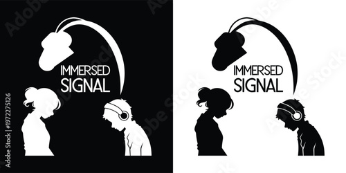 Silhouetted figures sharing an immersive audio signal through large overhead headphones in contrast designs