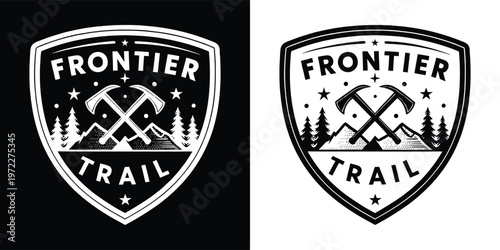 This vintage-inspired emblem with "Frontier Trail" text and wilderness elements is perfect for adventure, exploration, and nature brands.