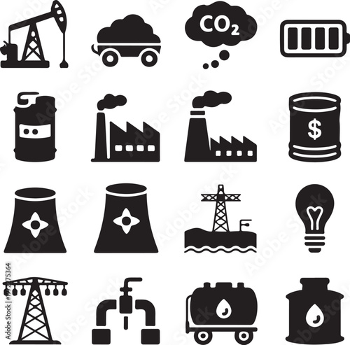 Icons representing various aspects of energy production and environmental impact