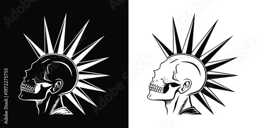 Striking black and white graphic illustration featuring a stylized human skull profile sporting a dramatic spiked mohawk hairstyle motif