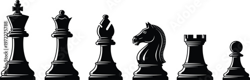 Black chess pieces set silhouette illustration showing king queen bishop knight rook and pawn for strategy, competition, board game concept design