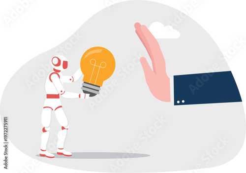 Hand rejecting a lightbulb idea from a robot