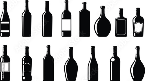 Collection of wine bottle silhouettes in various shapes and styles minimalist black illustration for beverage packaging, branding, bar menu and design use