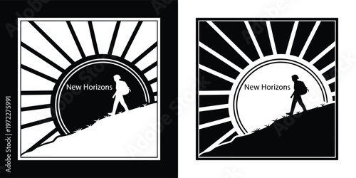Black and white graphic design featuring a silhouette hiker climbing towards the rising sun with new horizons text