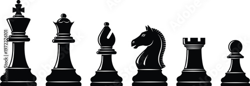 Detailed black chess pieces silhouette set including king queen bishop knight rook and pawn for strategy, leadership, and board game design