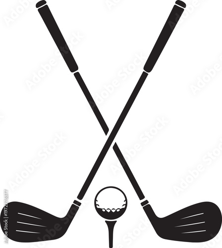 Two crossed golf clubs with a ball on a tee