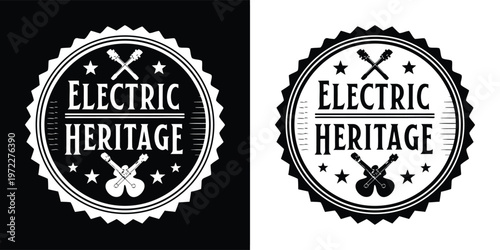 Vintage electric heritage music badge logo featuring crossed drumsticks, guitars, and stars, perfect for rock bands, labels, or musical events.