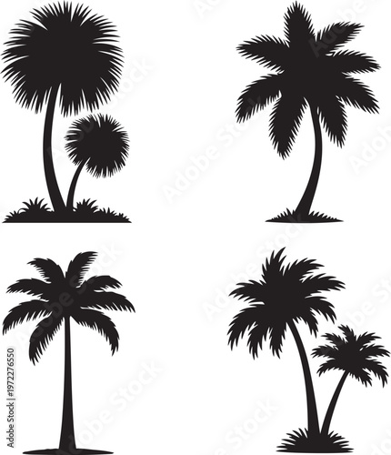 Four distinct silhouettes of tropical palm trees against plain background