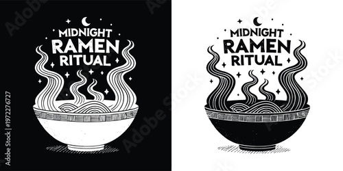 Midnight ramen ritual design featuring steaming noodles in a bowl with mystical starry night accents