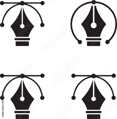 Four stylized representations of classic fountain pens with unique nib designs