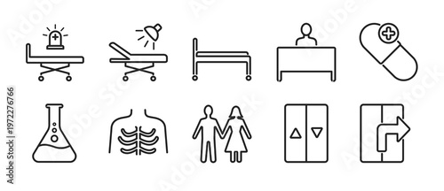 Hospital Wayfinding Line vector Icons Set – Emergency, Operating Room, Patient Room, Reception, Pharmacy, Laboratory, Radiology, Restroom, Elevator, Exit Navigation Signs