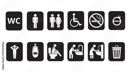 Collection of black and white pictogram signs for public restrooms and facilities