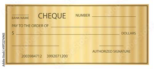 Cheque bank golden gradient blank template with guilloche watermark pattern