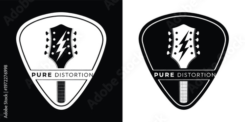 Iconic guitar pick logo design prominently featuring a lightning bolt and the words pure distortion brand.