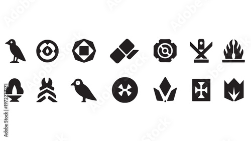 Collection of ancient egyptian hieroglyphs and symbols in black silhouette